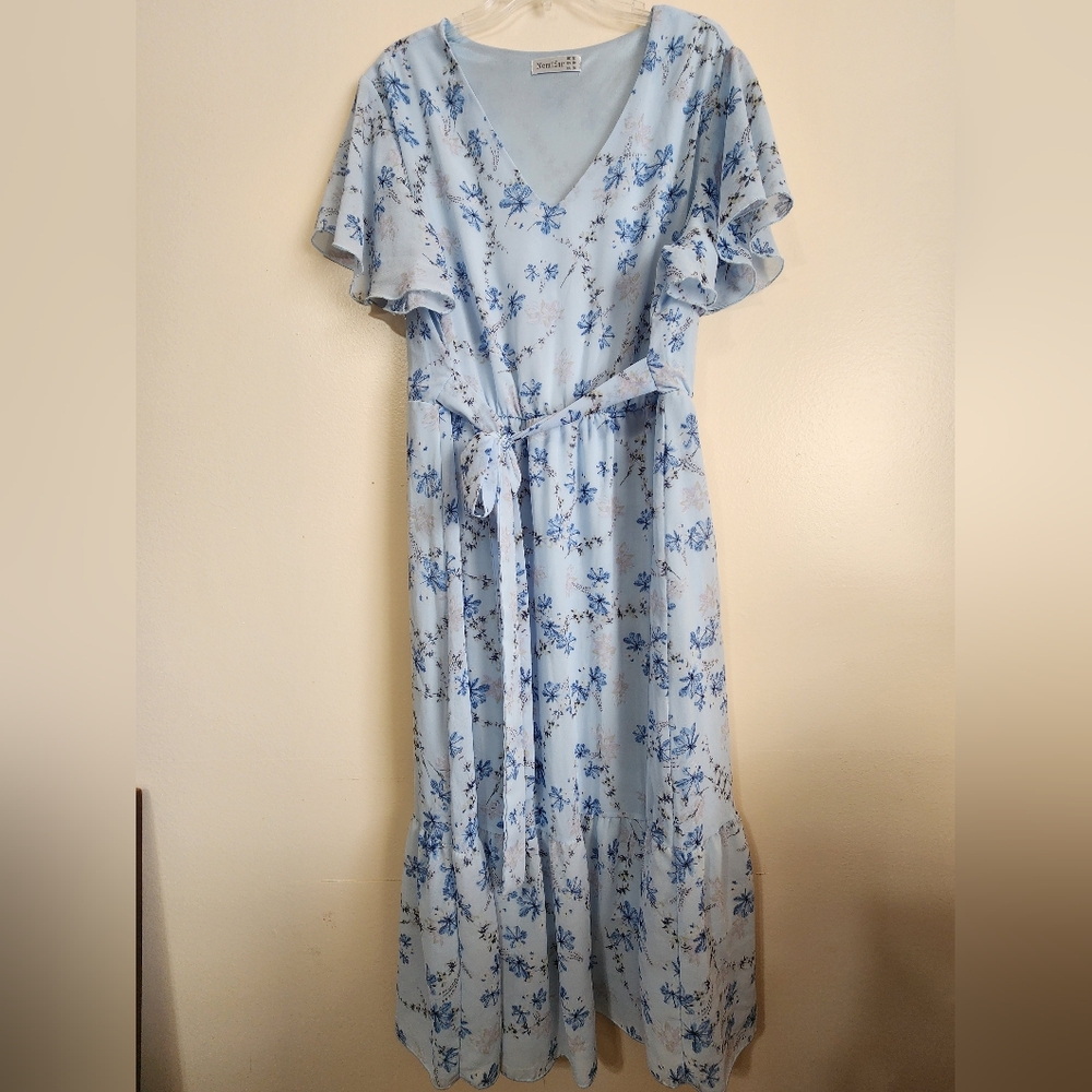 Floral Blue Dress with Ruffle Sleeves